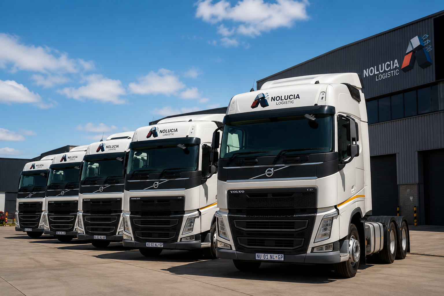 A lineup of Nolucia Logistic Volvo trucks parked outside the depot